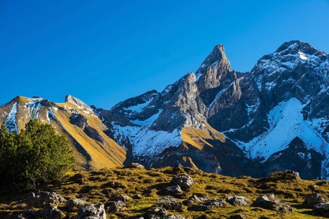 Panorama of Lake Gugger See, central main ridge of the Allgäu Alps, Allgäu, Bavaria, Germany,