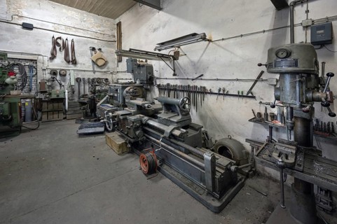 Workshop with large lathe in a metal powder mill, founded in 1900, Igensdorf, Upper Franconia,