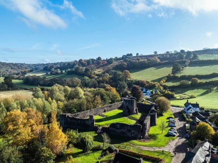 Skenfrith Castle from a drone, Monmouthshire, Wales, England, United Kingdom, Europe