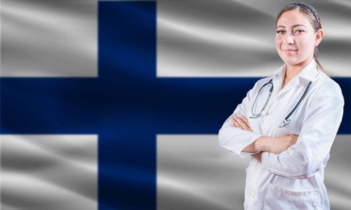 Female doctor on Finland flag. Doctor with crossed arms on Finland flag. Finland Health and Care