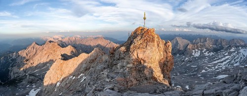 Impressive rocky mountain landscape in the evening light, summit of the Zugspitze with summit