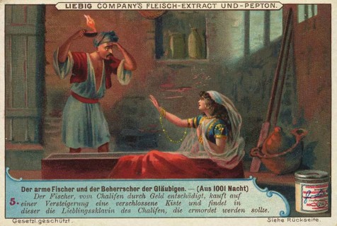 Picture series Fairytale scenes from 1001 Nights, the poor fisherman and the ruler of the