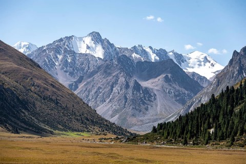 Picturesque mountain valley, mountain landscape with white mountain peaks, Tian Shan Mountains,