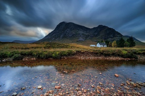 Wild river, cloudy mood, hut, cottage, long exposure, autumn, mountains, Lagangarbh Cottage,