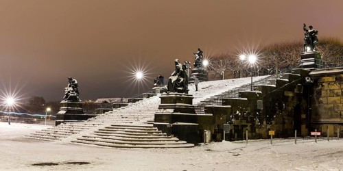 Stairway to Brühl's Terrace with figures The four times of day in the snow, at night, Dresden,