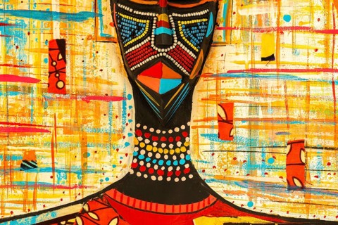 Ghanaian woman as a three-dimensional work of art by a Ghanaian artist, a colourful work of art on