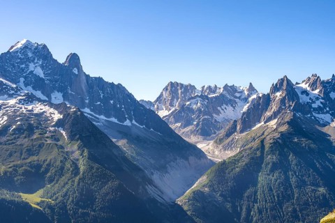 Mountain landscape with mountain peak Grandes Jorasses and glacier Mer de Glace, Mont Blanc massif,