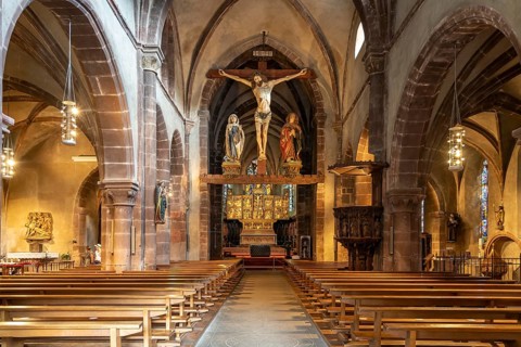 Interior of the Church of the Holy Cross Invention-de-la-Sainte-Croix in Kaysersberg, Alsace,