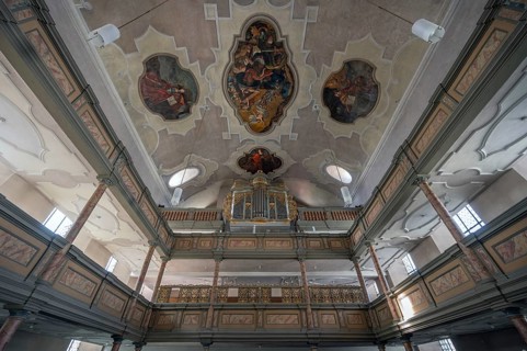 Organ loft, organ built in 1783 by Elias Hößler, Protestant town church of St. Maria, baroqueised
