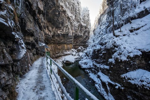 Winter, snowy landscape, river Breitach and hiking trail through the Breitachklamm gorge near