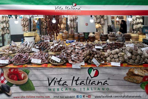 Italian sausage offer during the Italian weeks in Nuremberg, Middle Franconia, Bavaria, Germany,