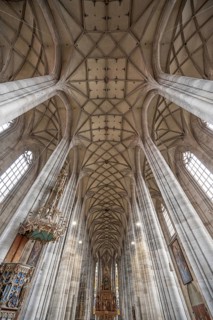 Reticulated vault with chancel of the late Gothic hall church of St George, Dinkelsbühl, Bavaria,