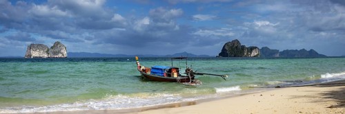 Longtail boat on the beach, Koh Ngai Island, Andaman Sea, Satun Province, Southern Thailand,