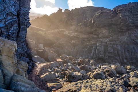 Basalt rocks at the Charco de la Laja natural swimming pool, El Hierro, Canary Islands, Spain,