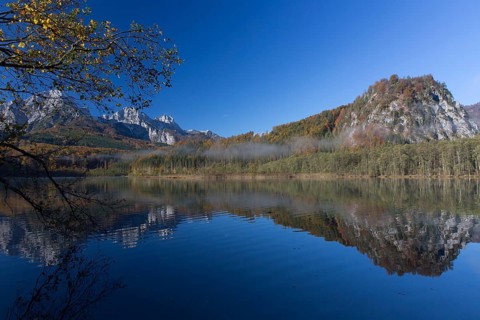 Autumn mood at lake Almsee, Grünau, Austria, Totes Gebirge, Europe