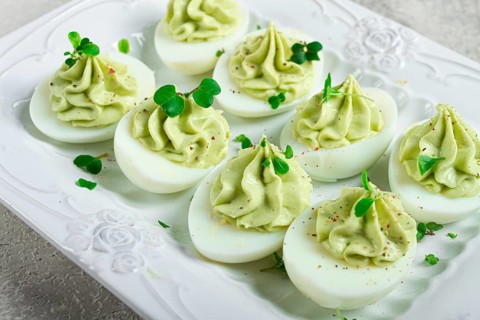 Snack, stuffed eggs with avocado, homemade, no people