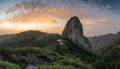 Roque de Agando rock tower at sunrise, Monumento Natural de los Roques, La Gomera, Canary Islands,
