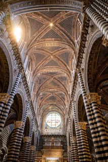 Interior with striped columns and decorated ceiling, Siena Cathedral or Cattedrale di Santa Maria