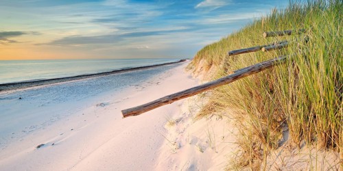 Pristine white beach with pebbles and dunes at Darßer Ort in the evening light, Weststrand, Darß