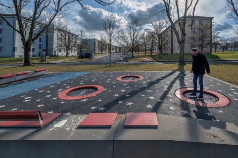 Playground with integrated trampolines on the site of the former American Leighton Barracks, now