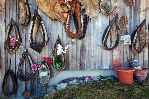 Old horse collar on a wooden wall, Oberallgäu, Allgäu, Bavaria, Germany, Europe