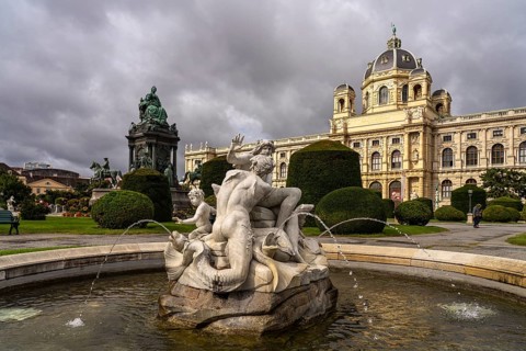 Fountain on Maria-Theresien-Platz and the Natural History Museum in ViennaAustria
