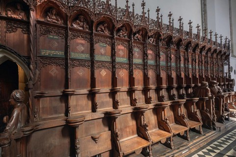 Late Gothic choir stalls from 1507, St Martin, Memmingen, Bavaria, Germany, Europe