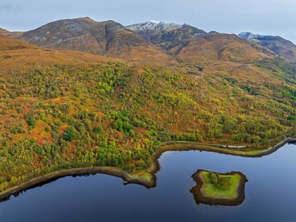 Fjord, coast, mountain landscape, reflection, island, autumn, aerial view, Loch Leven, Scotland,