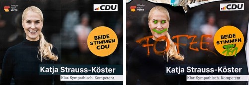 Comparison of two large posters for the 2025 federal election by the CDU with Katja Strauss-Köster,