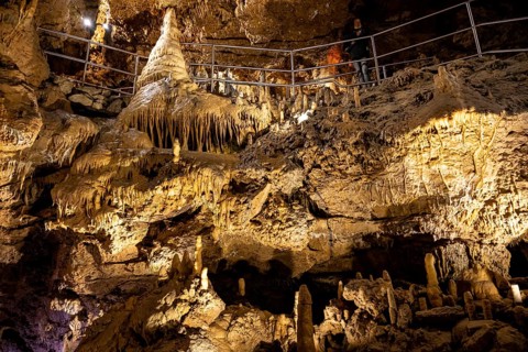 Stalagmites and stalactites in a cave, Devil's Cave Pottenstein, Franconian Switzerland, Franconia,
