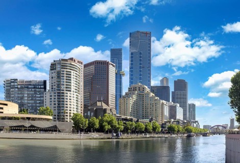 Australia scenic Melbourne downtown skyline panorama near Yarra River and financial business center