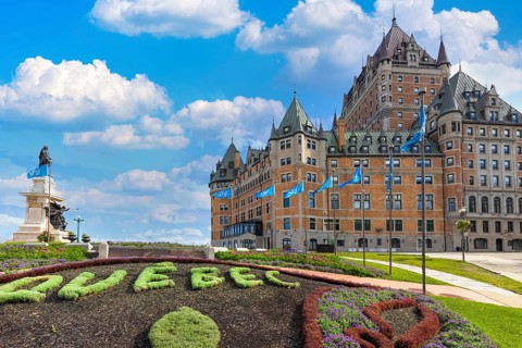 Canada, Chateau Frontenac in Quebec historic center with panoramic views of Saint Lawrence River,