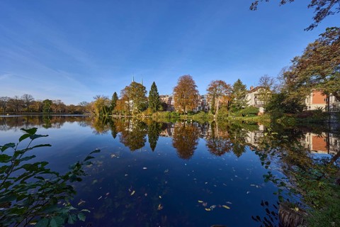 Mill pond with trees, general buildings against a cloudless blue sky, symmetrical reflections on