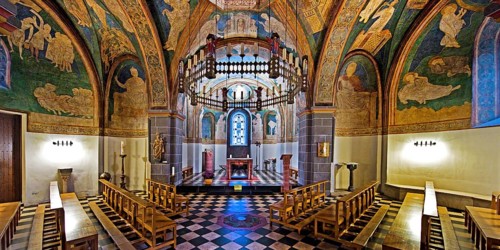St. Maria and Clemens, Romanesque double church, lower church, view into the choir with ceiling