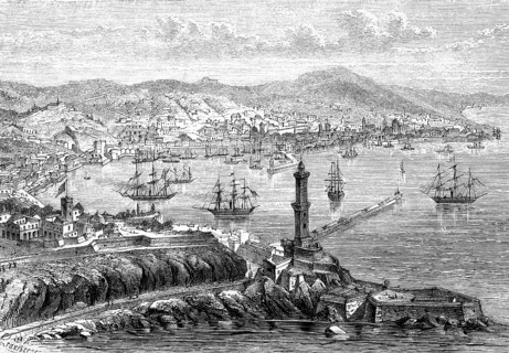 City view of Genoa with harbour, three-masted sailing ships, pier, lighthouse and mountain