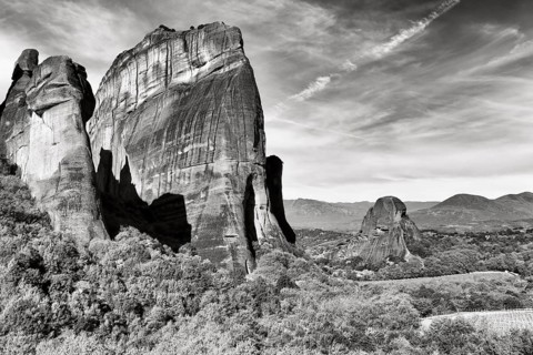 Rock needles, sandstone formations, Meteora, monochrome, Thessaly, Greece, Europe