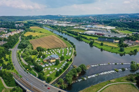 Hattingen, North Rhine-Westphalia, Germany - Cityscape at the Ruhr, Ruhrpromenade, in front a