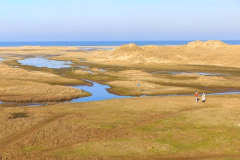 View from the post beacon, groundwater forms small ponds in the dune landscape in Norderney, in the