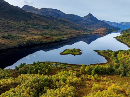 Fjord, coast, mountain landscape, reflection, island, autumn, autumn colours, aerial view, Loch