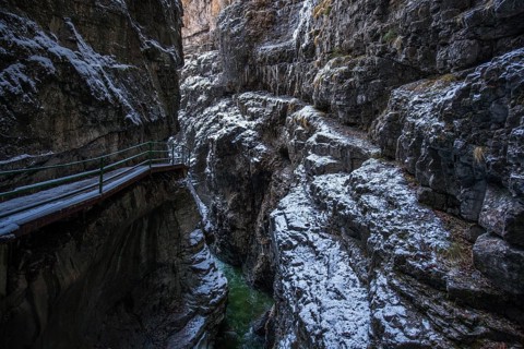 Winter, snowy landscape, river Breitach and hiking trail through the Breitachklamm gorge near