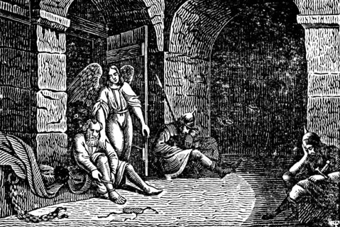 The apostle Peter in chains is led out of prison by an angel, liberation, dungeon, cellar, sleeping