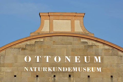 Roof with golden illuminated inscription from the baroque Ottoneum built in 1606, Museum of Natural