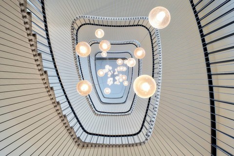 Modern staircase in an office building with a view from below, Zurich, Switzerland, Europe