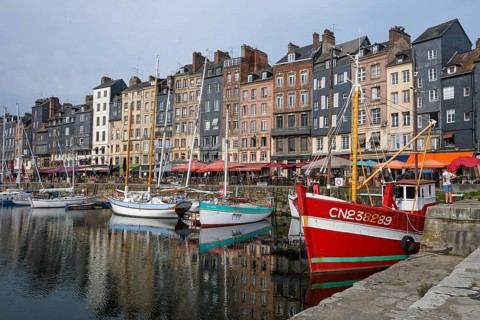 Honfleur, Normandy, France - Boats on the Quai Sainte-Catherine in the old harbour, Vieux Bassin,