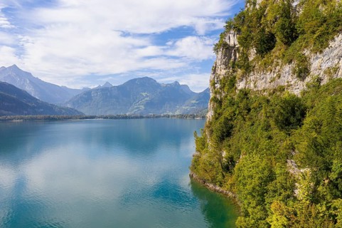 Steep northern shore of Lake Walen with view to the west, Amden, St. Gallen, Switzerland, Europe