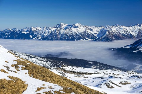 Ski area, Gottesackerplateau, Kleinwalsertal, Vorarlberg, Austria, behind Allgäu Alps, Allgäu,