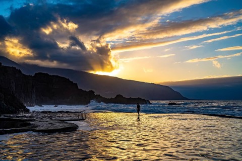 Sunset at the natural swimming pool La Maceta, El Hierro, Canary Islands, Spain, Europe