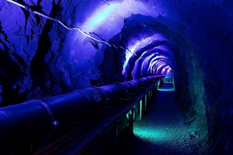 Blue illuminated walkway through the Tamina Gorge, Bad Pfäfers, St. Gallen, Switzerland, Europe