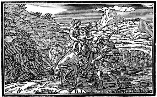 The Flight of the Holy Family into Egypt, Mary and Joseph, Infant Jesus, team of oxen, mountain