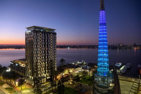 View of the Swan River from the city centre, blue hour, Perth, State of Western Australia,